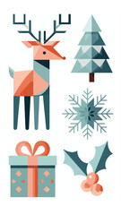 Obraz premium Origami Christmas animal and holiday decoration set with snowflake tree gift and holly in pastel colors for festive themed craft projects