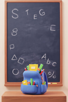Backpack full of school supplies on table and blackboard front