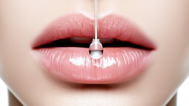Lip care lip healing skin care lip gloss pink lip close up macro droplet serum white background gentle soothing moisturizing hydration treatment relief texture smooth soft glossy shine delicate