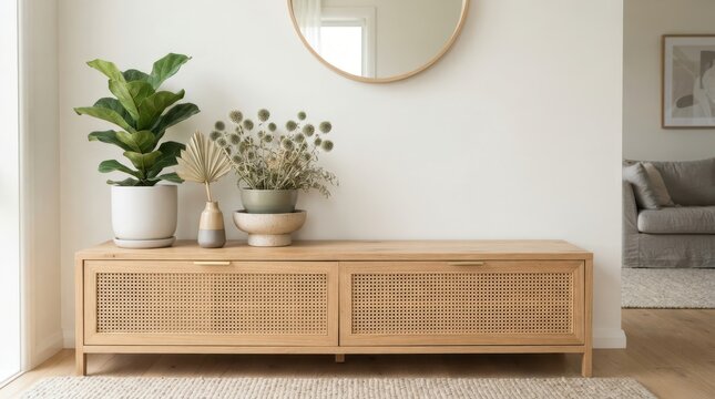 Modern wooden media console with cane doors and minimalist decor