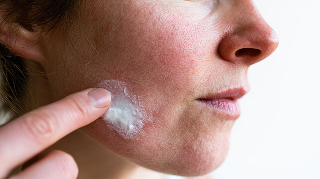 Cold windburn cream cheek finger dabbing skin redness jawline face closeup woman moisturizer white background natural light shallow depth minimalist clean beauty care cosmetic ointment hand