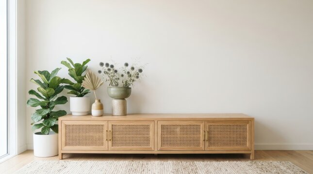 Modern wooden media console with rattan doors and decorative plants