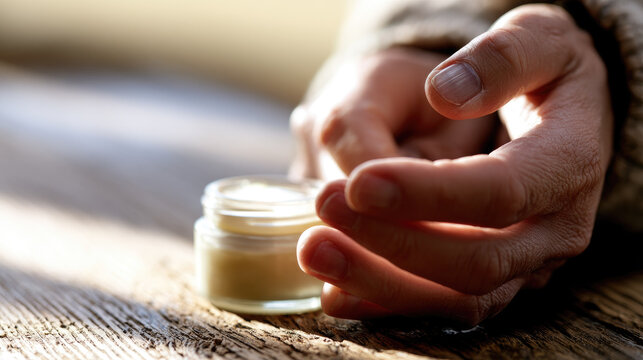 Dry hand care close up, hand applying ointment to dry knuckle near glass jar in soft morning light
