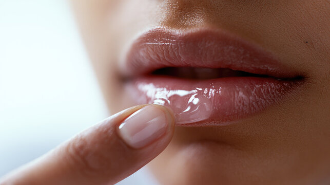 Lip ointment lip balm dry lip fingertip mouth skin closeup macro glossy clear lip ointment natural light person skincare wellness hydration softness beauty care texture pore lip care transparent