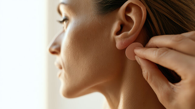 Applying patch behind ear on woman side profile with soft morning light and clean background