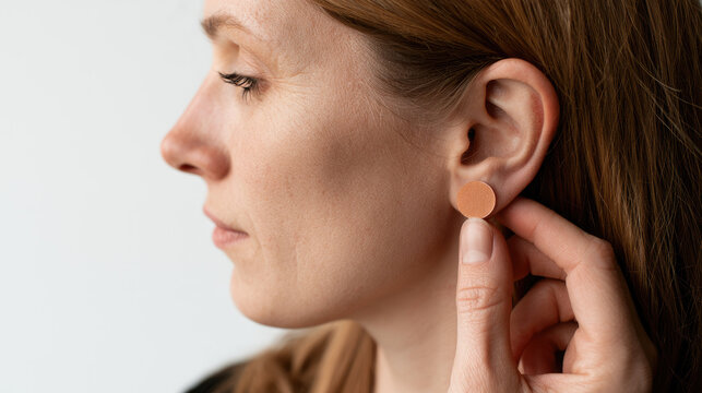 Woman profile applying motion sickness patch behind ear, healthcare concept with copy space