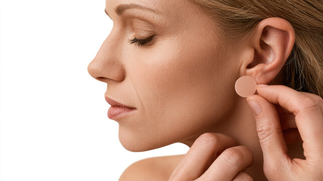 Motion sickness patch application behind ear close up of woman profile with natural finger touch, soft light and clean white space