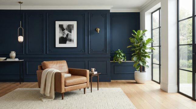Modern cozy reading nook with leather armchair and navy blue wall paneling