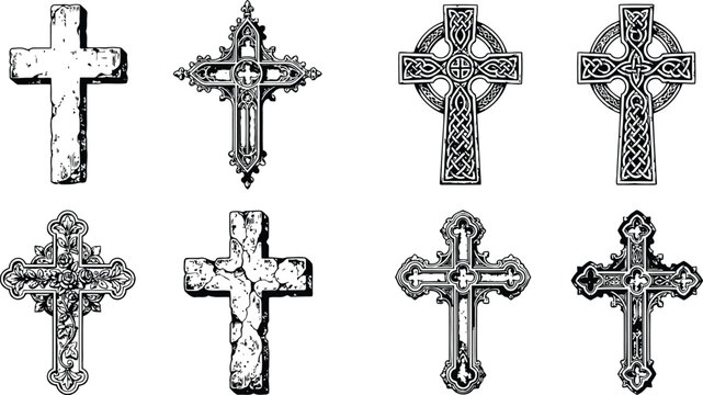 Engraving style vintage Halloween crosses collection with intricate knotwork and stone textures for spooky design elements