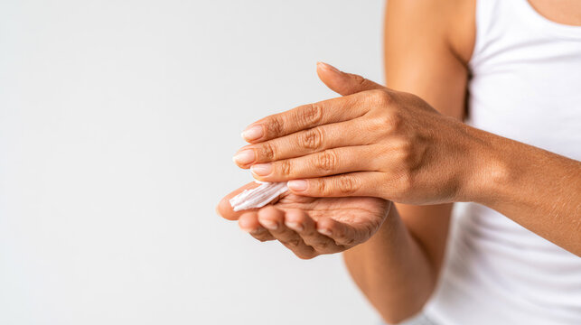 Skin care cream applied to wrist by hand, white medical cream on smooth arm against bright minimalist background with copy space