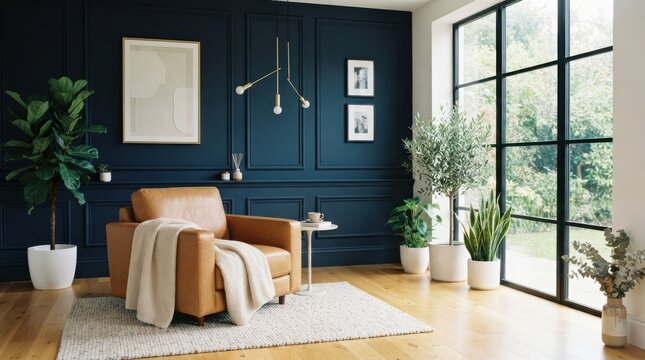 Modern living room interior with navy blue paneled walls and leather chair