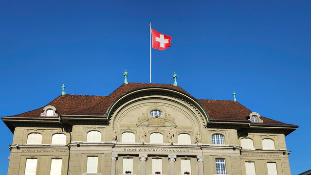 Swiss National Bank headquarters building with Swiss flag on June 22, 2026 in Bern, Switzerland.	