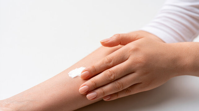 Applying antifungal cream on lower arm and wrist with gentle hand, white medicinal cream on smooth skin, bright minimalist background