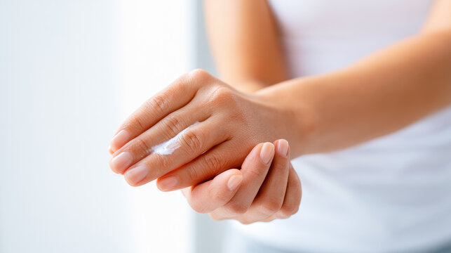 Close up hand applying antifungal cream to wrist on bright white background, calm skincare treatment with soft natural skin tones and copy space
