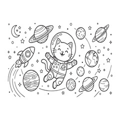 Obraz premium Cute astronaut cat floating in outer space with planets rocket and stars coloring page for kids outline vector illustration isolated on white background