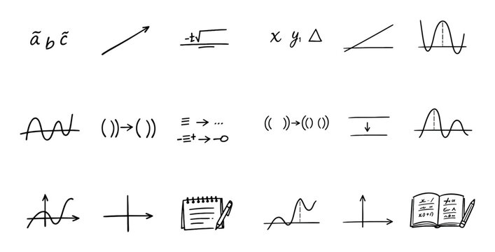 mathematics and science UI elements with equation, graph and notebook for presentation design in simple outline style