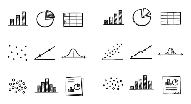 Data and analytics vector icons with bar chart, pie chart and scatterplot for infographic design in minimal outline style