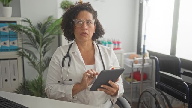 Woman doctor in white coat and stethoscope taps tablet with fingers, wearing glasses beside wheelchair and medical cart in building; care and focus.