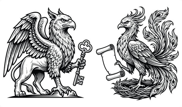 Mythical Griffin holding key with Phoenix and scroll in black and white vintage illustration style