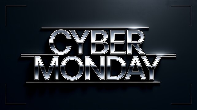 Cyber monday metallic text design with a futuristic digital glitch effect on dark background