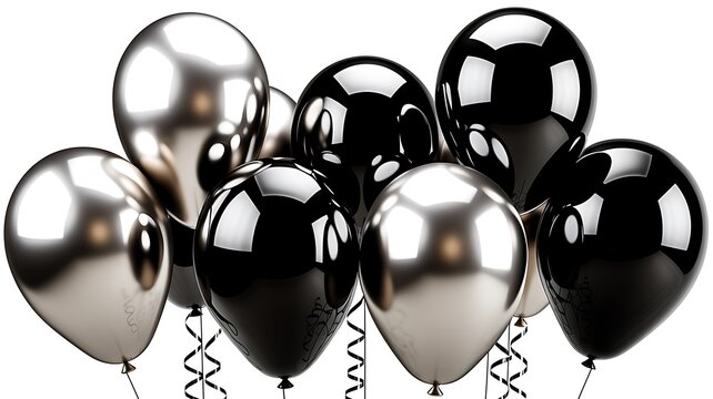 A festive bunch of shiny black and silver balloons isolated on a white background