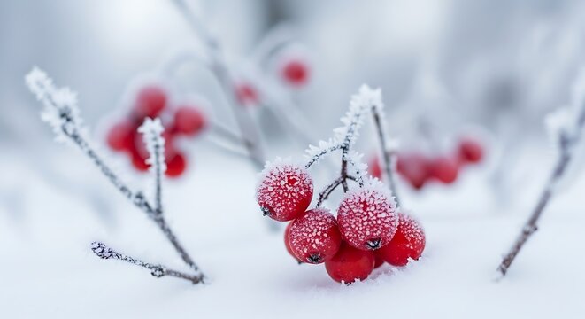 Close up of vibrant red berries covered in frost during a cold winter day