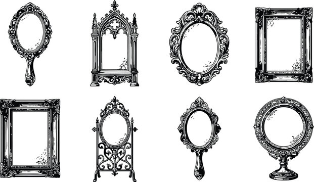 Vintage Halloween engraving collection of ornate black mirrors on white background with copy space for design