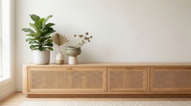 Modern wooden media console with rattan doors and minimalist decor