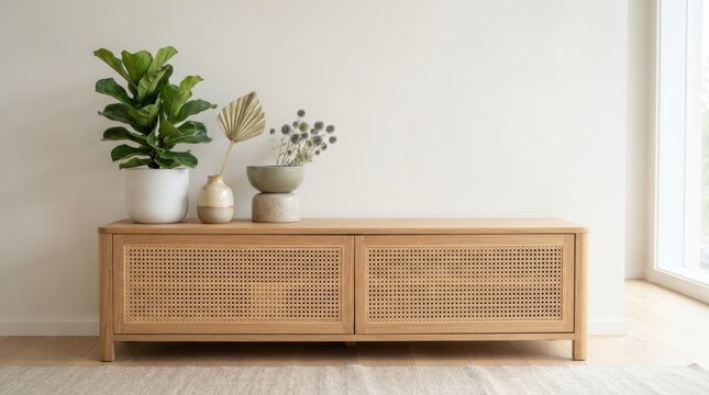Modern wooden media console with rattan doors and decorative plants