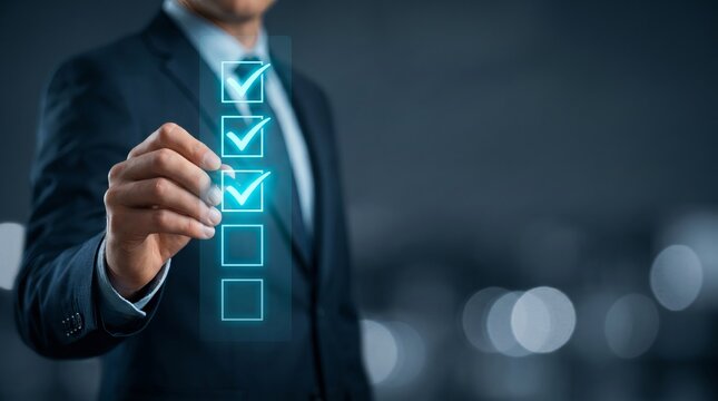 Businessman checking tasks on a futuristic digital interface