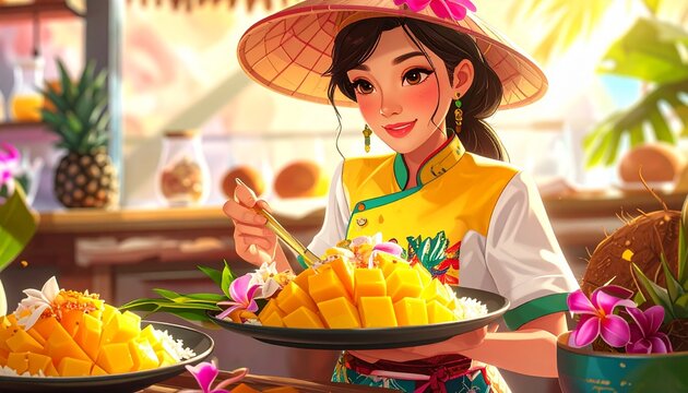 A happy woman chef cartoon presenting fresh mango sticky rice