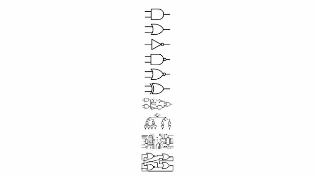 A collection of various digital logic gate symbols and circuit diagrams.