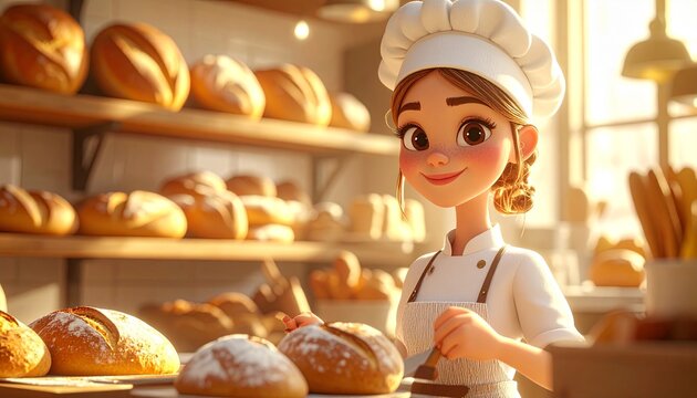 Smiling woman chef cartoon in a cozy bakery with fresh bread