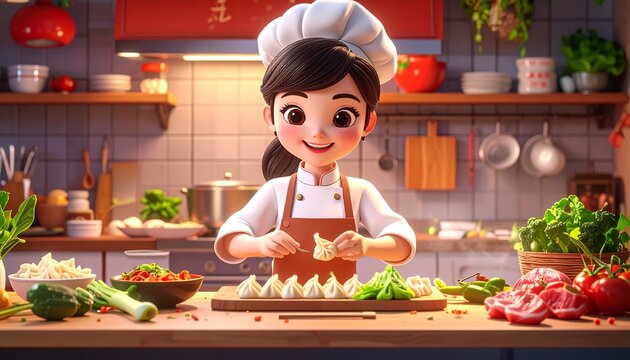 Smiling woman chef cartoon making delicious dumplings in a kitchen