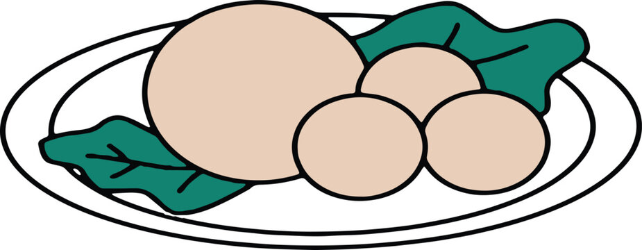 Hand drawn illustration of Indonesian bakso meatballs served on a plate with vegetables, isolated on white background. Perfect for food, culinary and restaurant design projects.