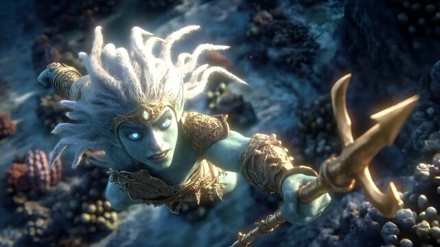 Fantasy, mysterious, wallpaper. A vivid, fantasythemed digital artwork depicts a female character in a dynamic pose. She has pale blue skin, striking blue eyes.