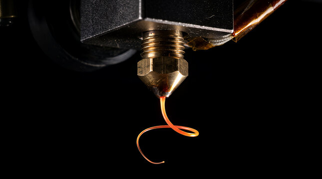 Additive manufacturing nozzle deposits a spiraling strand of vibrant orange thermoplastic material onto a build plate to highlight the intricate detail of modern rapid prototyping systems.