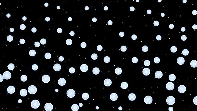 Abstract white polka dot motion background, floating circular particles on black, minimalist geometric pattern animation for modern video overlays