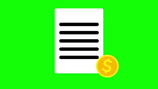 Invoice and Financial Document Animation Icon, Billing Statement with Dollar Coin Symbol, Animated Tax Report Loop with Alpha Channel, Financial Accounting and Payment Paperwork Motion Graphic.