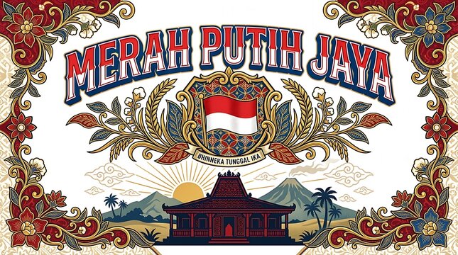 Merah Putih Jaya Indonesian national theme, traditional batik floral border with flag and mountains, vintage cultural illustration for independence day