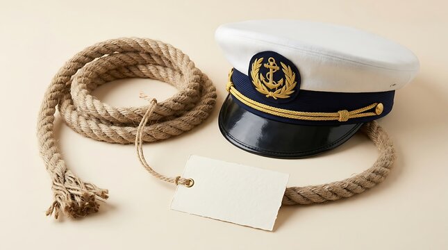 captain's hat, nautical rope, and blank paper tag