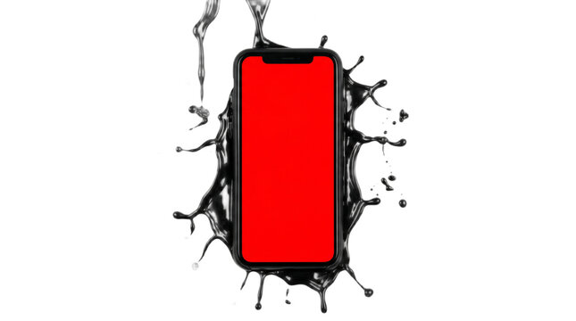 A smartphone with a red screen surrounded by black liquid on transparent background Typical brazilian food,