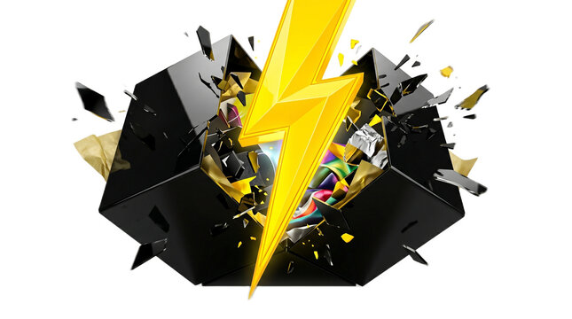 A vibrant yellow lightning bolt explodes out of a black box on transparent background Typical brazilian food,