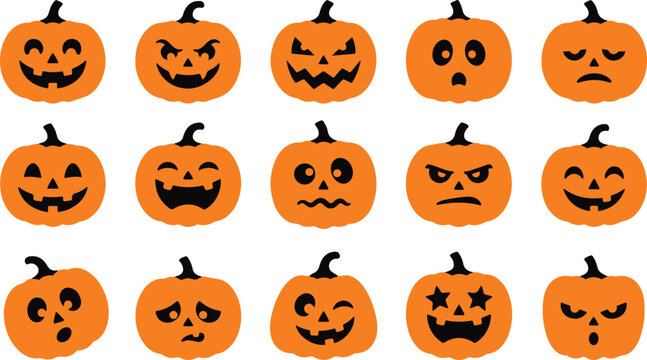 Set of fifteen hand drawn jack o lantern pumpkins with various funny and scary facial expressions for halloween
