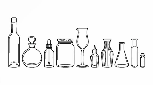 A collection of various glass laboratory and apothecary containers in a line drawing style.