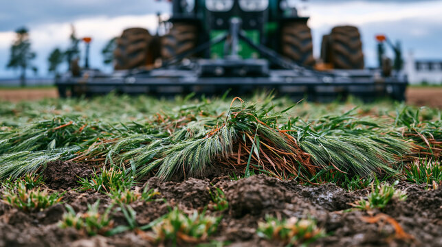 Cover crop roller-crimper attachment flattening cereal rye biomass ahead of no-till corn planter in spring field, overcast dramatic sky amplifying textural contrast between terminated cover and emer