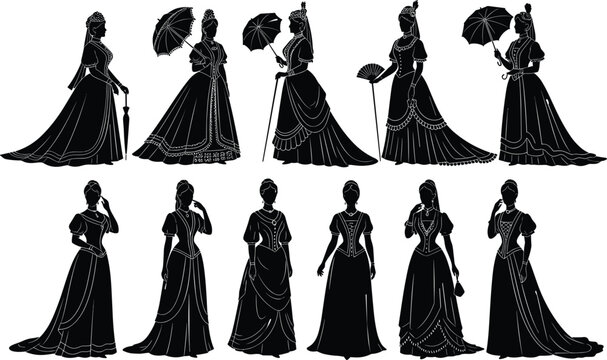 Elegant women silhouettes in luxury evening gowns, Victorian vintage dresses with umbrellas, and bridal wedding fashion figures for historical and modern design,