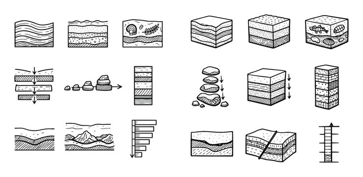 Geology and earth science design icons with rock layers, soil profile, and sediment for infographic design in outline style