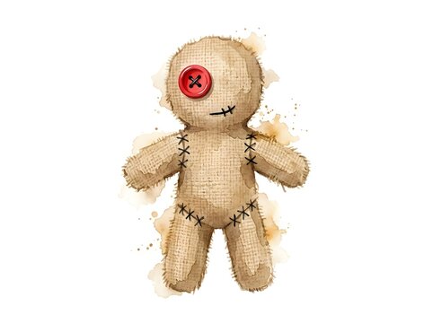 Watercolor Voodoo Doll Illustration with Red Button Eye for Halloween