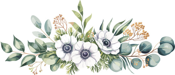 Elegant white floral arrangement with eucalyptus leaves, botanical bouquet vector illustration isolated on white background for wedding invitation, greeting card and decorative design © MdAbdur
